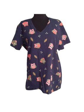 Owl Print S V-Neck Scrub Top Dark Blue With Pockets Lightweight Cotton